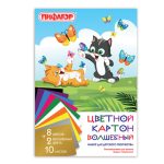 Картон цветной A4, 10 л.,10 цв., немелованный, в папке, "Волшебный"(золото,серебро) ПИФАГОР "Котята"