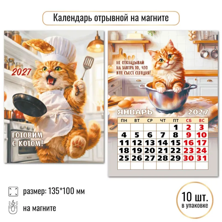 Тетрадь А5, 48 листов, клетка, гребень, ArtSpace "Моноколор. Colorblock", об. мелов. картон Календарь отрывной на магните 2027 г, 100*135 мм, Квадра.Готовим с котом — изображение 1