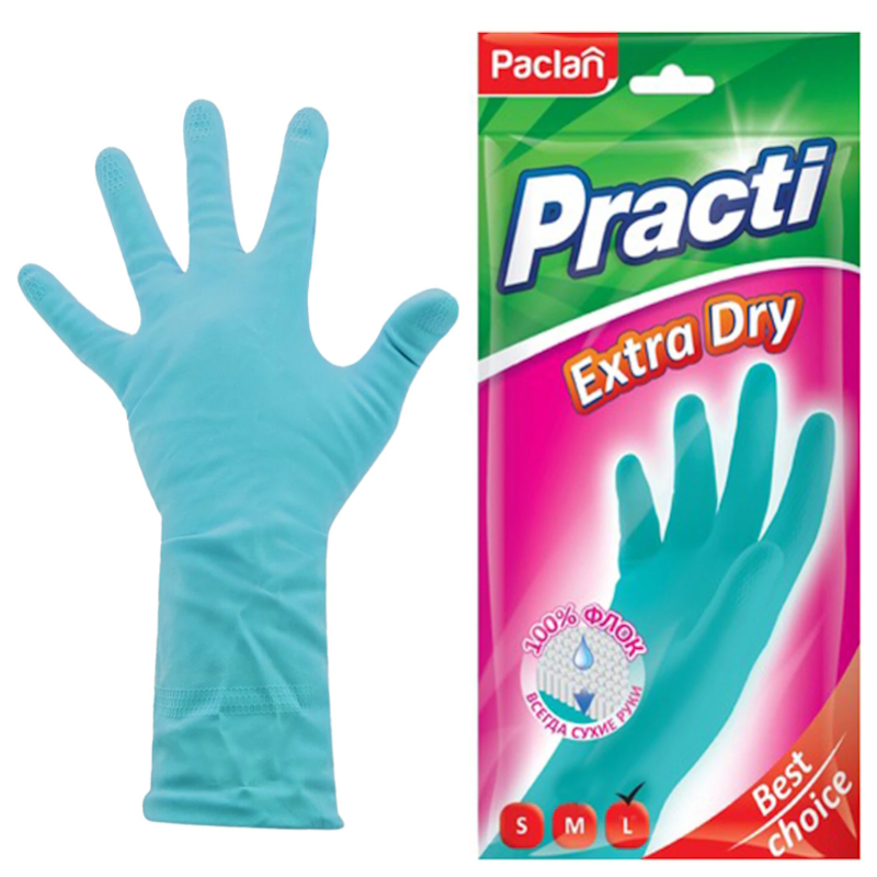 Перчатки резиновые Paclan "Practi Extra Dry", х/б напыление, 100% флок, р.L (ЧЗ ПУ) Перчатки резиновые Paclan "Practi Extra Dry", х/б напыление, 100% флок, р.L (ЧЗ ПУ) — изображение 1