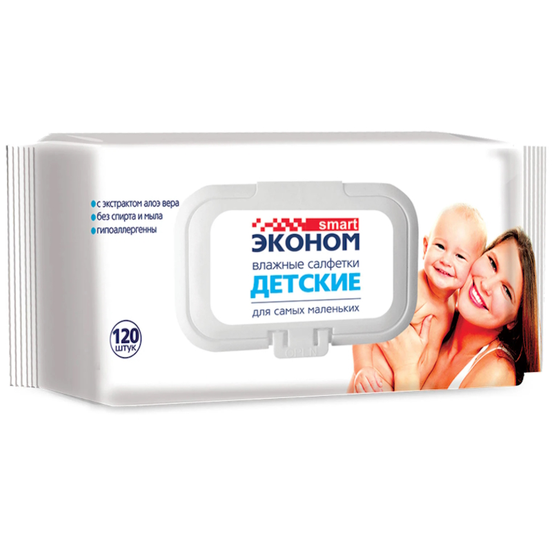 Салфетки влажные детские Эконом smart с пластик. клапаном (120 шт/упак) (ЧЗ ОСУ) Салфетки влажные детские Эконом smart с пластик. клапаном (120 шт/упак) (ЧЗ ОСУ) — изображение 1