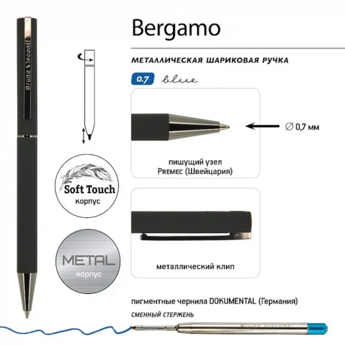 Ручка шариковая подар.автомат. 0,7 мм, синяя, корпус черный, SOFT TOUCH, BrunoVisconti BERGAMO — изображение 2