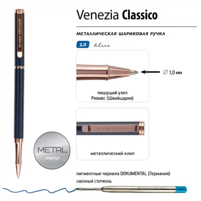 Ручка шариковая подар.автомат. 1,0 мм, синяя, корпус синий, BrunoVisconti VENEZIA CLASSICO — изображение 2